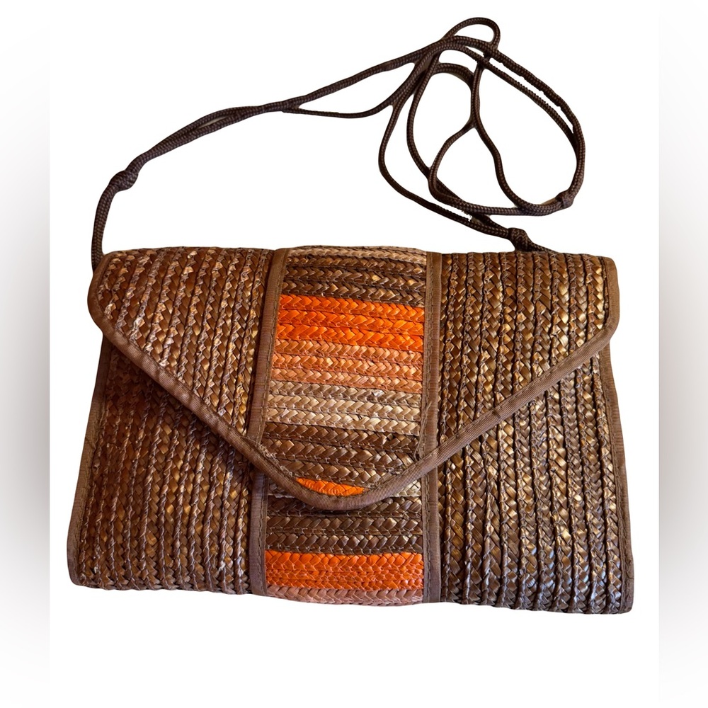 Straw Beachy Clutch Purse Shoulder Bag, Orange and Brown Snap Closure